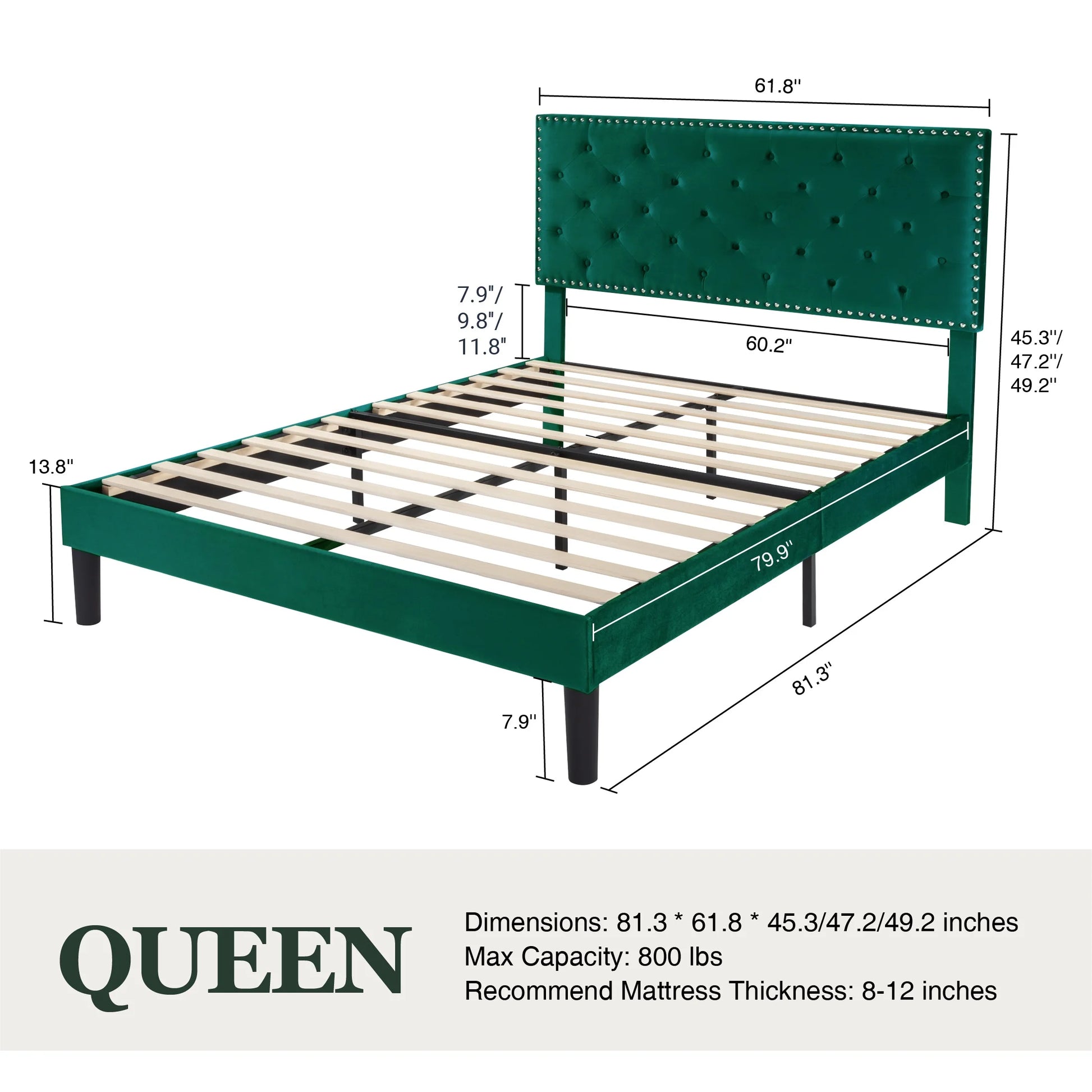 Queen Bed Frame with Adjustable Velvet-Studded Headboard, Green