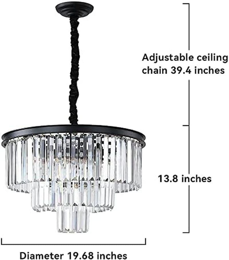 Black Modern Crystal Chandelier Lighting K9 Crystal round Chandelier Hanging Ceiling Light Fixture 3-Tier Contemporary Crystal Pendant Light for Dining Room Living Room Bedroom 21.68Inch