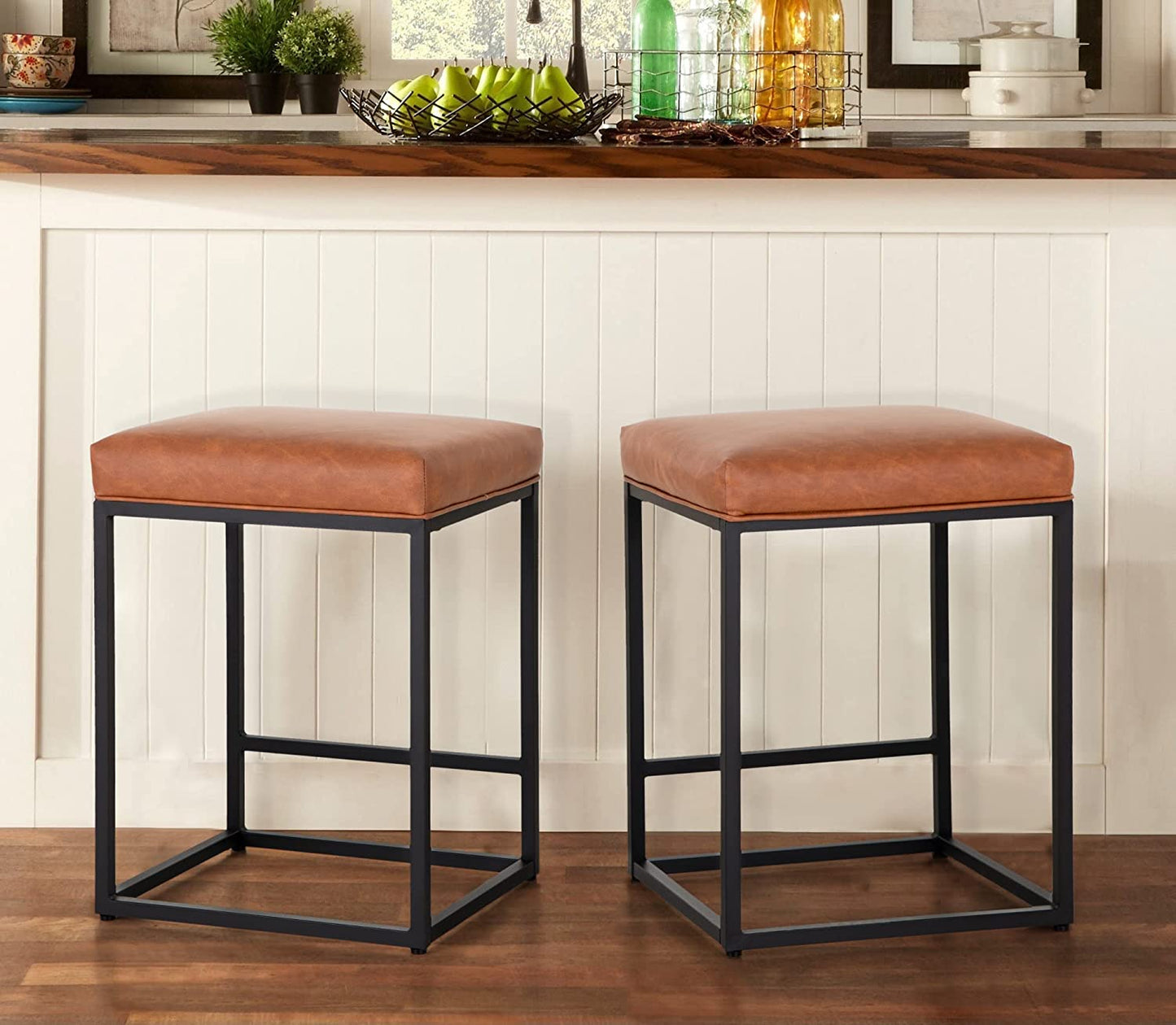 Counter Height 24" Bar Stools Set of 2 for Kitchen Counter Backless Modern Barstools Industrial Upholstered Faux Leather Stools Farmhouse Island Chairs, (24 Inch, Brown)