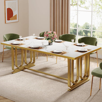 Luxury Faux Marble Table, 70.87" Rectangle Dining Table for 6-8, Golden Metal Legs