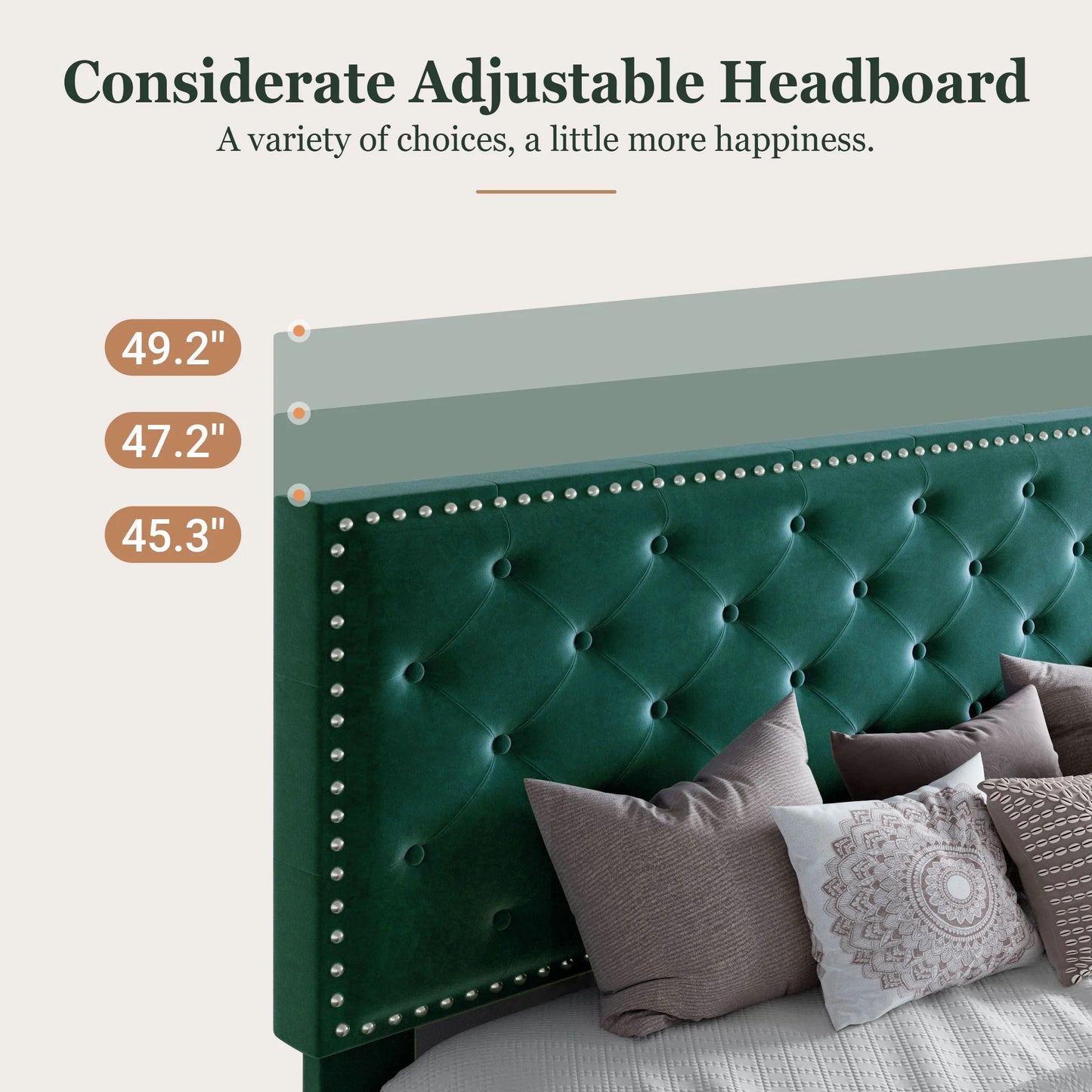 Queen Bed Frame with Adjustable Velvet-Studded Headboard, Green