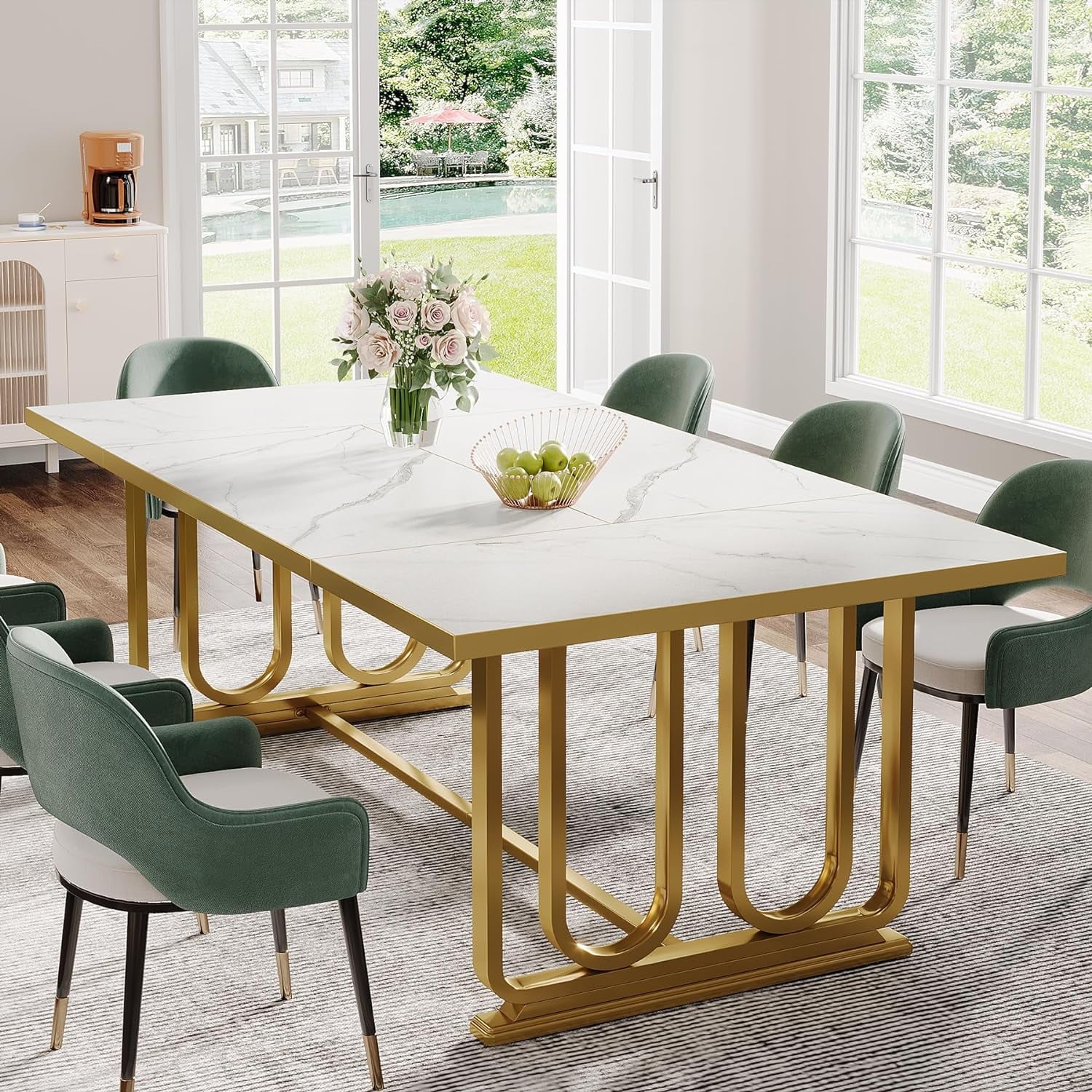 Luxury Faux Marble Table, 70.87" Rectangle Dining Table for 6-8, Golden Metal Legs