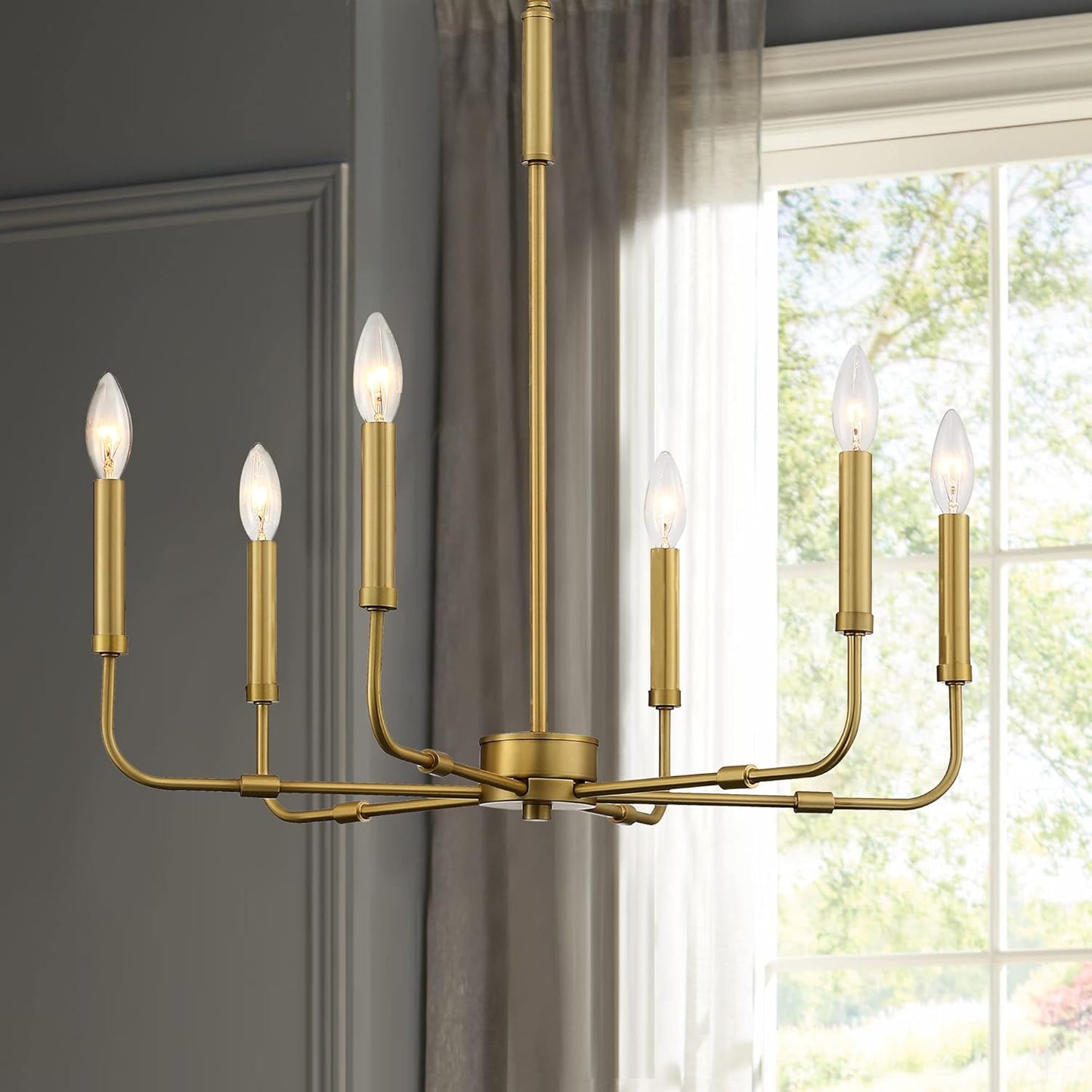 Farmhouse Chandelier Brushed Brass Metal 6-Light Candle Pendant Light Fixture with Adjustable Chain Hang Lighting for Dining Room, Bedroom, Kitchen, Living Room, Foyer, Entryway