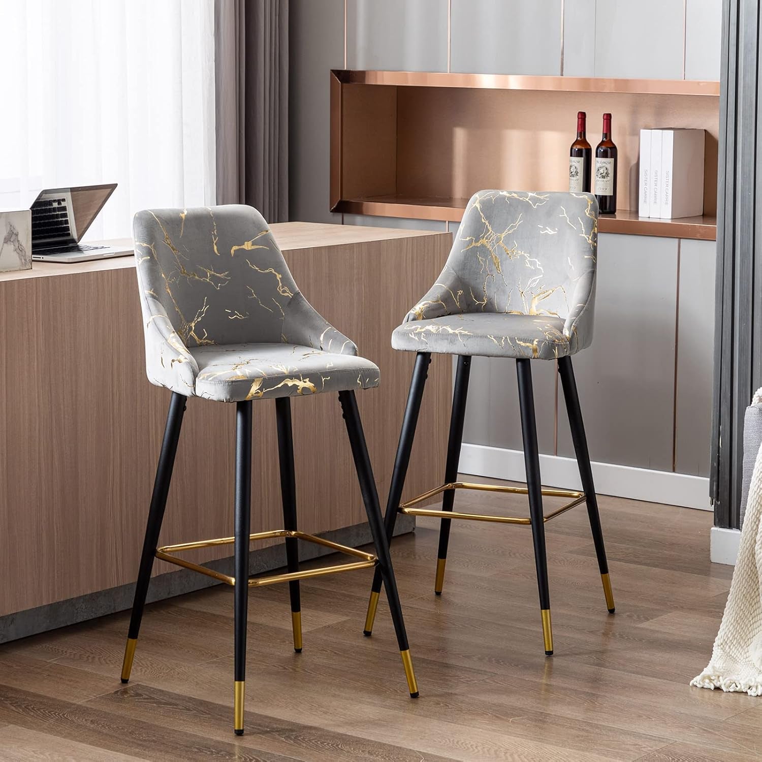 Velvet Hot Stamping Bar Stools Set of 2, 30” Upholstered Barstool with Golden Footrest, Counter Height Bar Chairs for Kitchen Dining Room, Grey and Gold