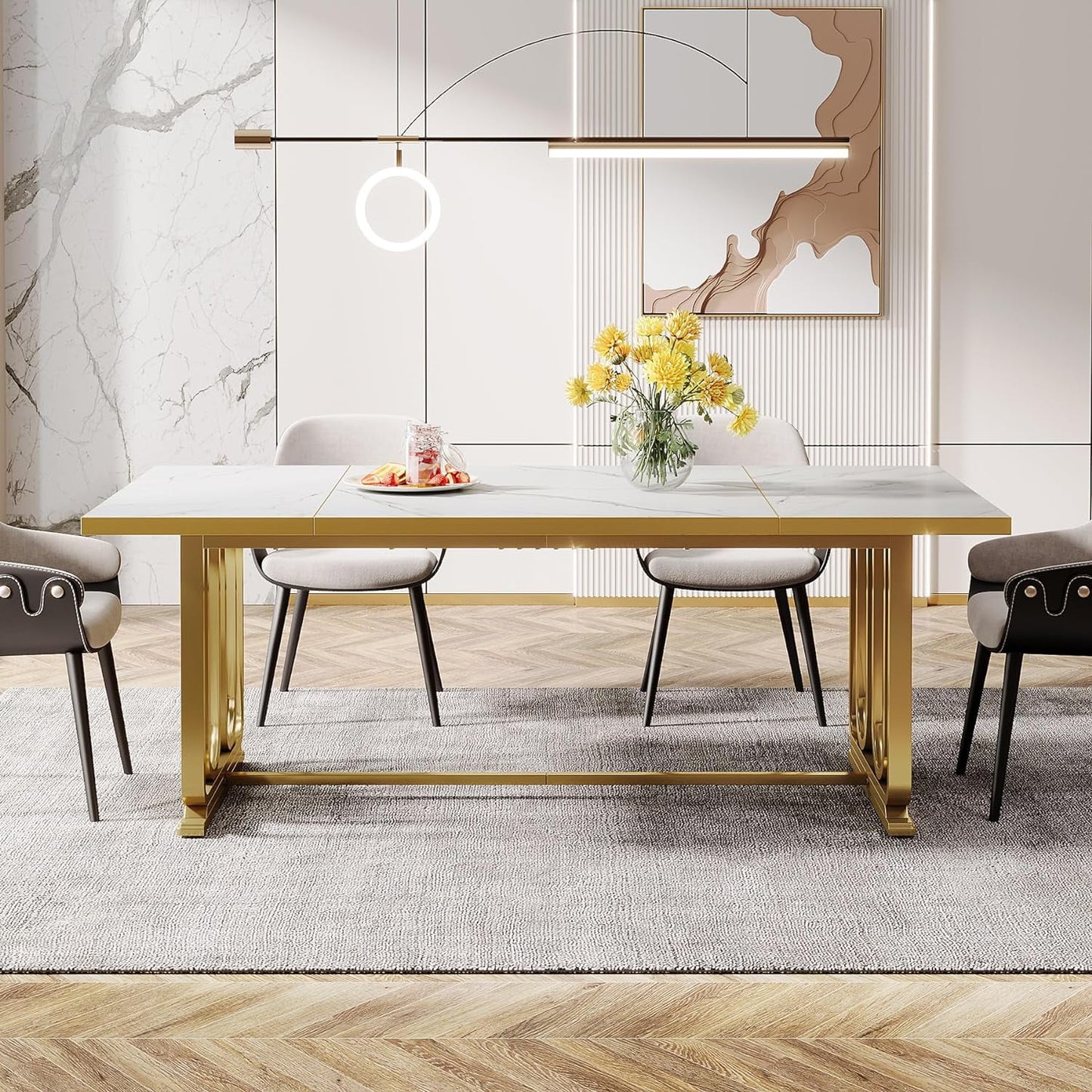 Luxury Faux Marble Table, 70.87" Rectangle Dining Table for 6-8, Golden Metal Legs