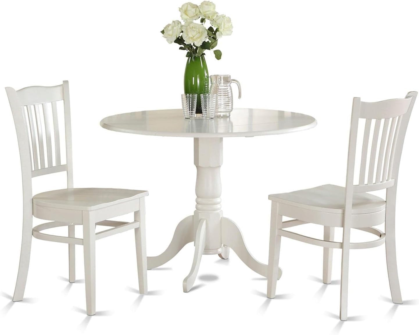 DLGR3-WHI-W 3 Piece Dining Table Set for Small Spaces Contains a round Dining Room Table with Dropleaf and 2 Wood Seat Chairs, 42X42 Inch, Linen White