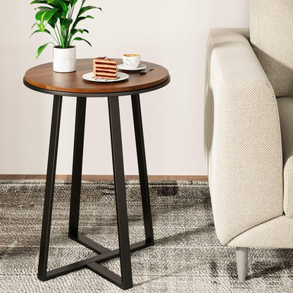 Round End Tables, Small Side Table Walnut Color MDF Top, Metal Frame Black, Tall End Table for Bed Room, Coffee Tea End Table for Living Room(Walnut+Black)