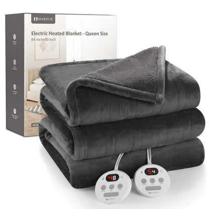 Luxurious Queen Size Electric Heated Blanket - Fast Heating, Dual Controllers, 10 Levels & Timers, Preheat Function, Machine Washable - Cozy Gray