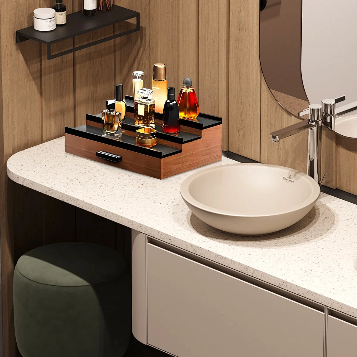 Wooden Cologne Organizer for Men 3 Tier Perfume Organizer Shelf with Drawer Cologne Display and Storage Risers Great Gift for Man Walnut Black