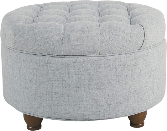 Home Decor | Button Tufted Woven round Storage Ottoman | Ottoman with Storage for Living Room & Bedroom (Light Blue)