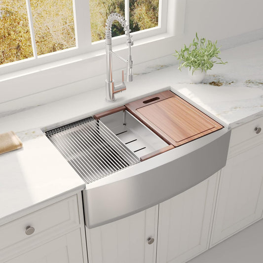 30 X 22 Inch Farmhouse Worksation Sink,  18 Gauge Apron Sink, Deep Handmade Modern Single Bowl R10 Radius Farm Sink with Ledge and Accessories