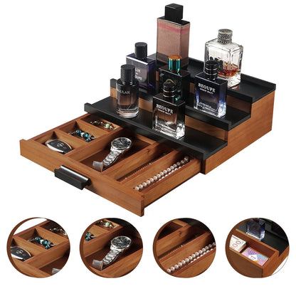 Wooden Cologne Organizer for Men 3 Tier Perfume Organizer Shelf with Drawer Cologne Display and Storage Risers Great Gift for Man Walnut Black