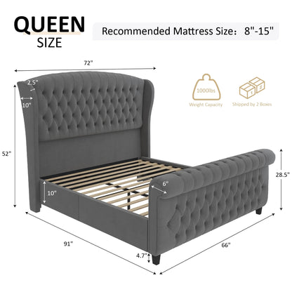 Queen Size Platform Bed Frame, Velvet Upholstered Sleigh Bed with Scroll Wingback Headboard & Footboard/Button Tufted/No Box Spring Required/Grey