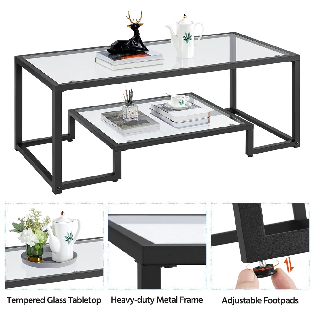 Modern Glass Coffee Table with Metal Frame, Black