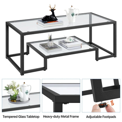 Modern Glass Coffee Table with Metal Frame, Black