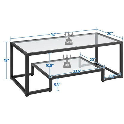 Modern Glass Coffee Table with Metal Frame, Black