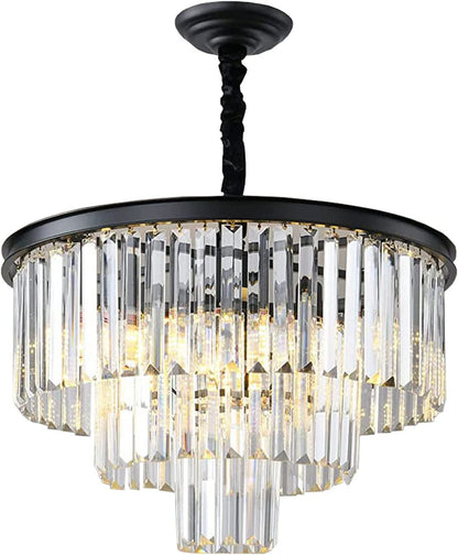 Black Modern Crystal Chandelier Lighting K9 Crystal round Chandelier Hanging Ceiling Light Fixture 3-Tier Contemporary Crystal Pendant Light for Dining Room Living Room Bedroom 21.68Inch