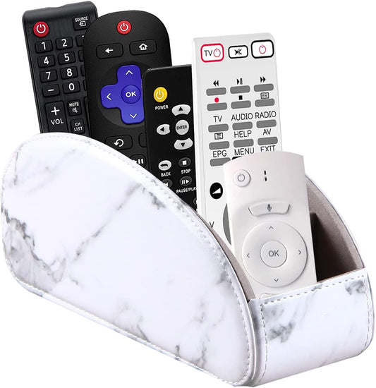 Remote Control Holder with 5 Compartments, PU Leather TV Remote Caddy for DVD, Blu-Ray, Media Player, Heater Controllers, Multi-Functional Desk Organizer and Accessories Decorate Home Office