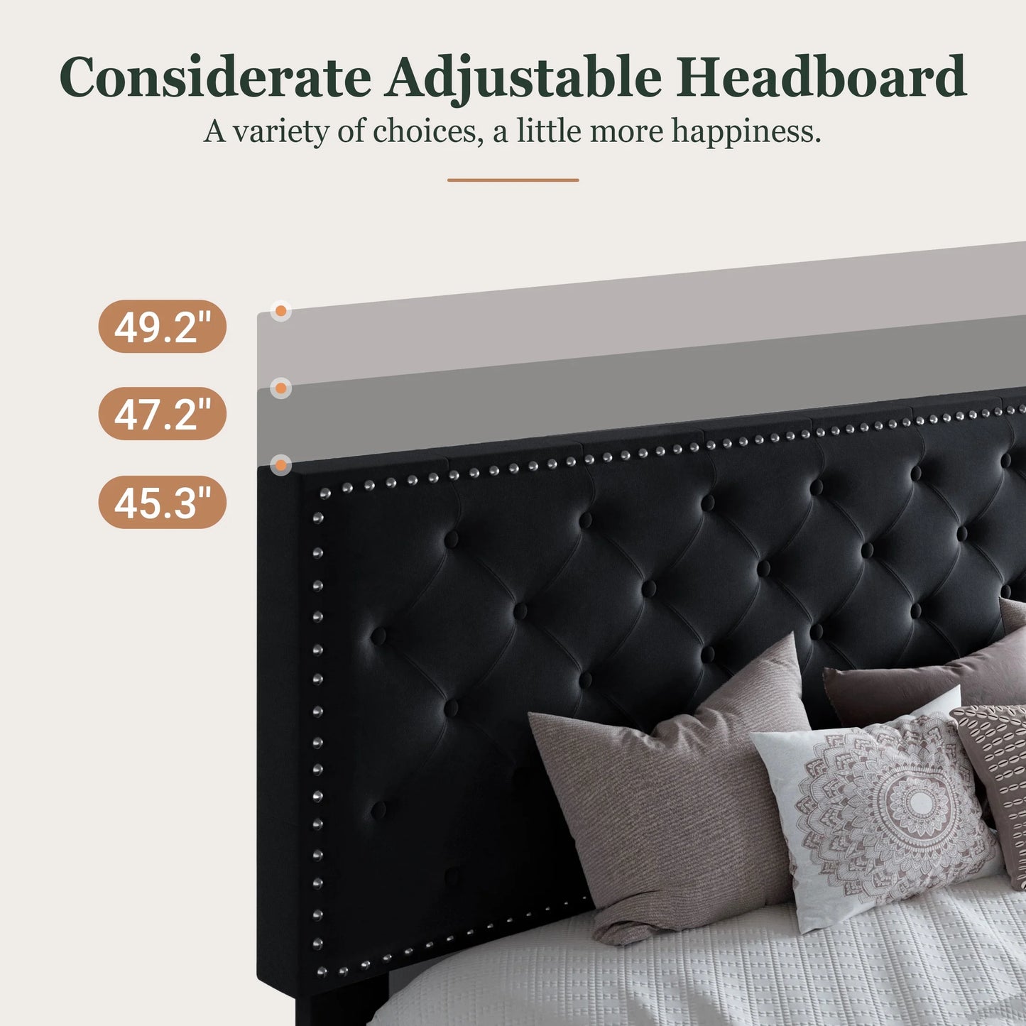 Queen Bed Frame with Adjustable Velvet-Studded Headboard, Black