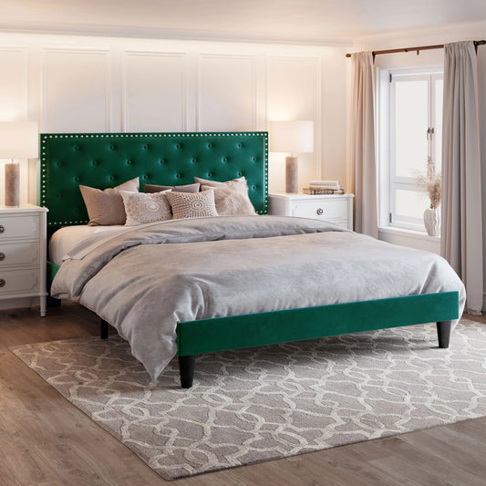 Queen Bed Frame with Adjustable Velvet-Studded Headboard, Green