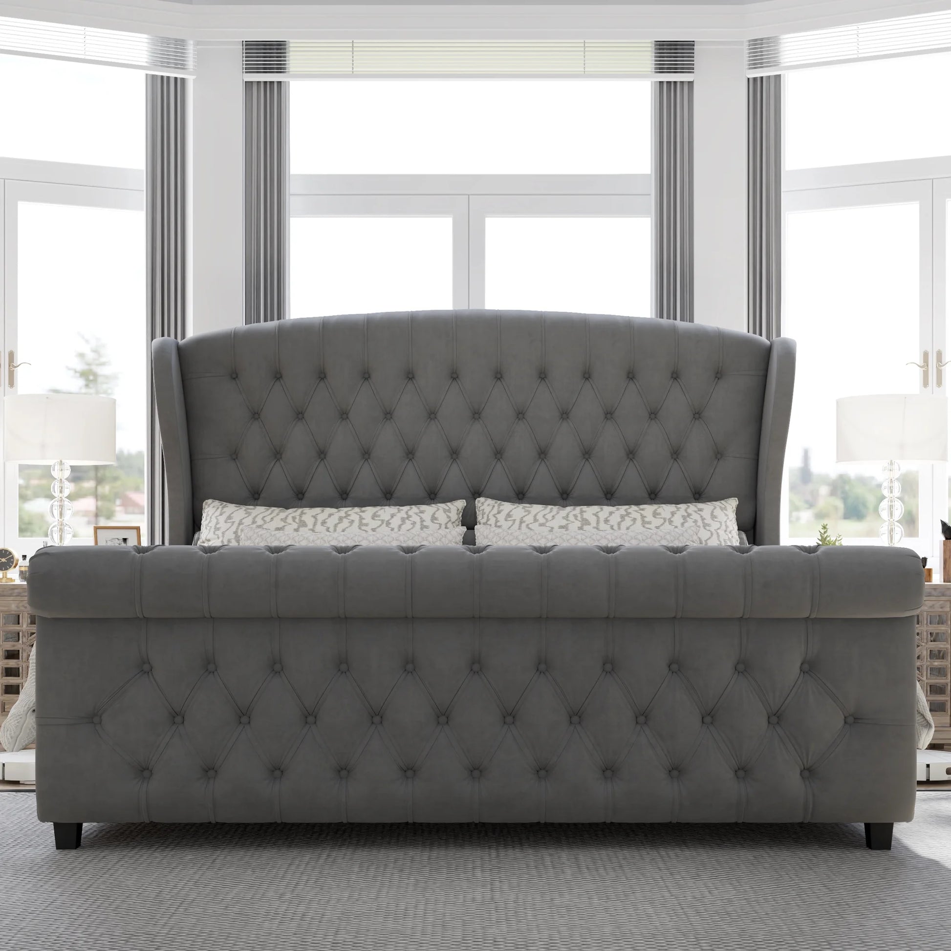 Queen Size Platform Bed Frame, Velvet Upholstered Sleigh Bed with Scroll Wingback Headboard & Footboard/Button Tufted/No Box Spring Required/Grey