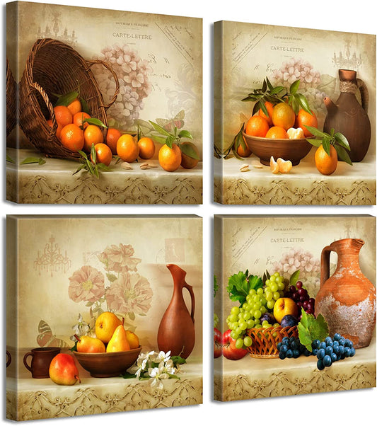 Kitchen Wall Decor Canvas Art for Dining Room Vintage Theme Fruit Pictures Farmhouse Rustic Signs Paintings Bar Accessories Realism Colorful Framed Decorations 4 Pcs/Set