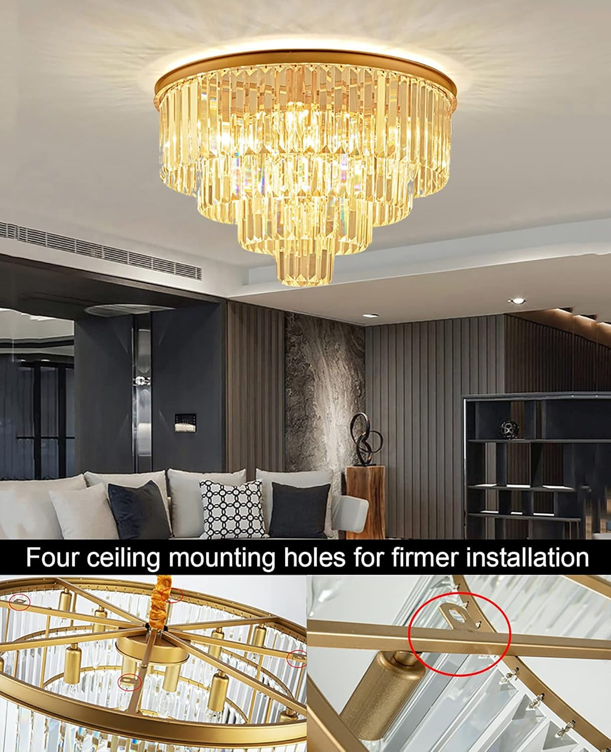 Gold Modern Crystal Chandelier Lighting K9 Crystal round Chandelier Hanging Ceiling Light Fixture 4-Tier Contemporary Crystal Pendant Light for Dining Room Living Room Bedroom 23.6Inch