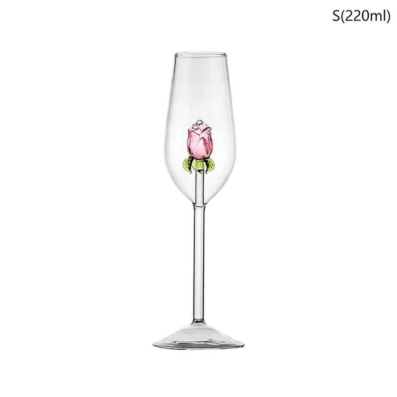 Creative 3D Pink Glass Rose Build-In Red White Wine Glasses Cup Drinkware Goblet Champagne Flute Household Lovely Valentine Gift