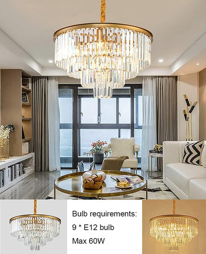 Gold Modern Crystal Chandelier Lighting K9 Crystal round Chandelier Hanging Ceiling Light Fixture 4-Tier Contemporary Crystal Pendant Light for Dining Room Living Room Bedroom 23.6Inch