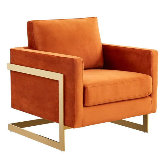 Accent Arm Chair Upholstered in Velvet with Gold Stainless Steel Sled Base and Removable Back and Seat Cushion No Assembly for Home, Bedroom, Office Lincoln Collection in Orange Marmalade