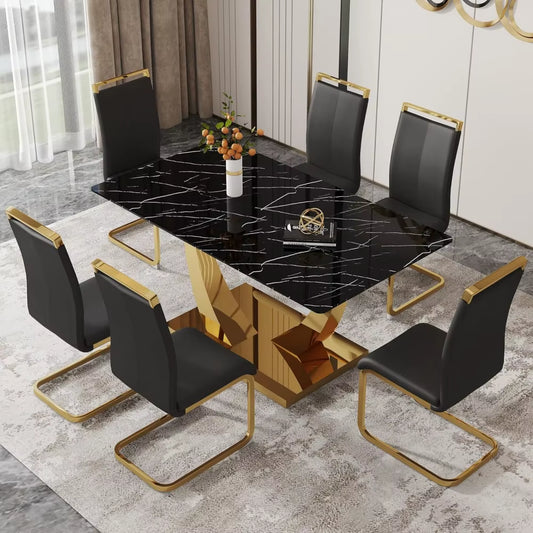 63” Dining Room Table Set for 6,Modern Gold Dining Table Set for 6, Rectangle Kitchen Table Set with PU Leather Chairs,Black