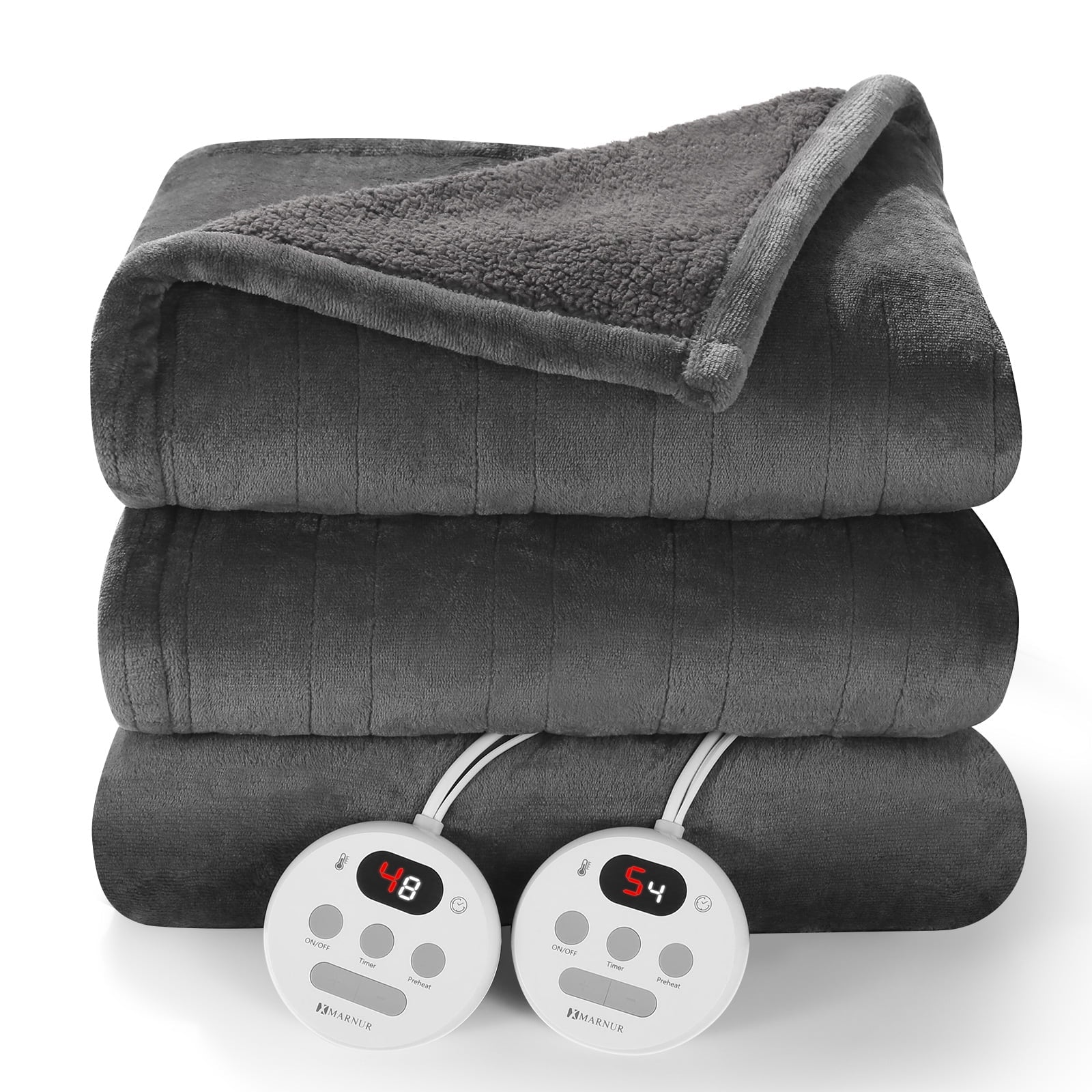 Luxurious Queen Size Electric Heated Blanket - Fast Heating, Dual Controllers, 10 Levels & Timers, Preheat Function, Machine Washable - Cozy Gray