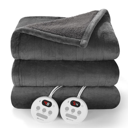 Luxurious Queen Size Electric Heated Blanket - Fast Heating, Dual Controllers, 10 Levels & Timers, Preheat Function, Machine Washable - Cozy Gray