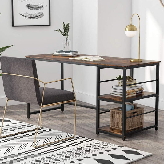 55 Inch Computer Desk with 2-Tier Storage Shelves, Rustic Modern Home Office Desk Study Table Studying Writing Desk Workstation for Home Office (55 Inch, Retro Brown)