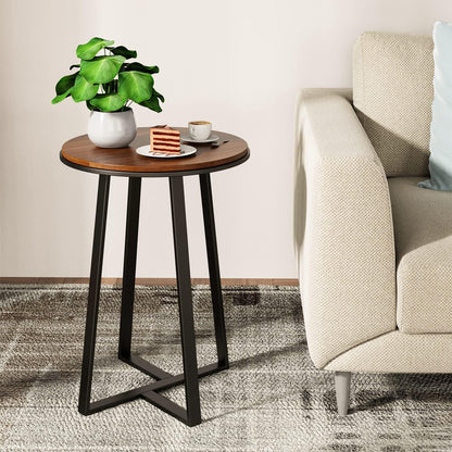 Round End Tables, Small Side Table Walnut Color MDF Top, Metal Frame Black, Tall End Table for Bed Room, Coffee Tea End Table for Living Room(Walnut+Black)