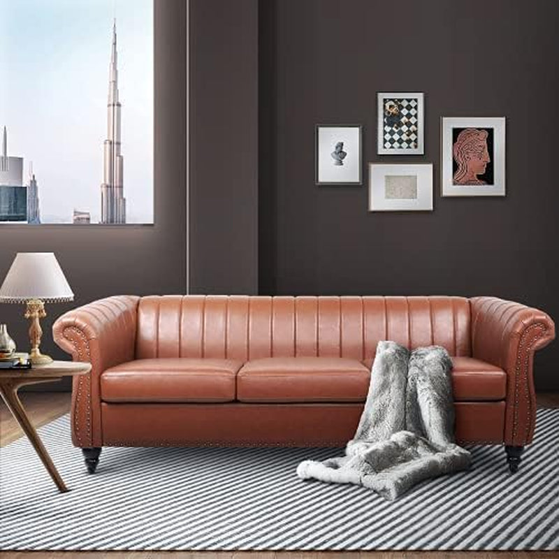 Chesterfield Sofa, 3 Seater Sofa PU Leather with Rolled Arm Studded Decoration Rotating Solid Wood Legs Couches for Living (Bronze)