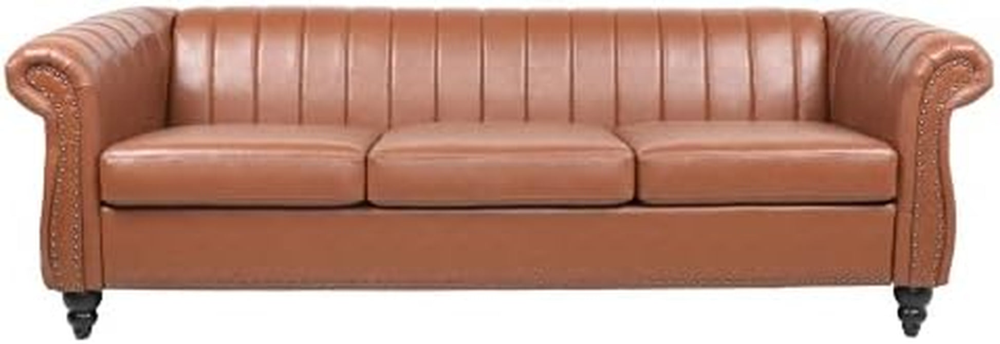 Chesterfield Sofa, 3 Seater Sofa PU Leather with Rolled Arm Studded Decoration Rotating Solid Wood Legs Couches for Living (Bronze)