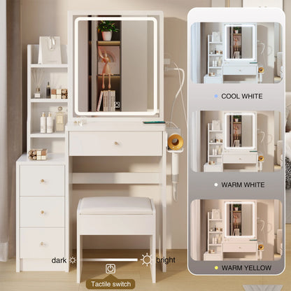 Extra Large Sliding LED Mirror with Cushioned Stool Vanity Tables & Table & Bench Set White