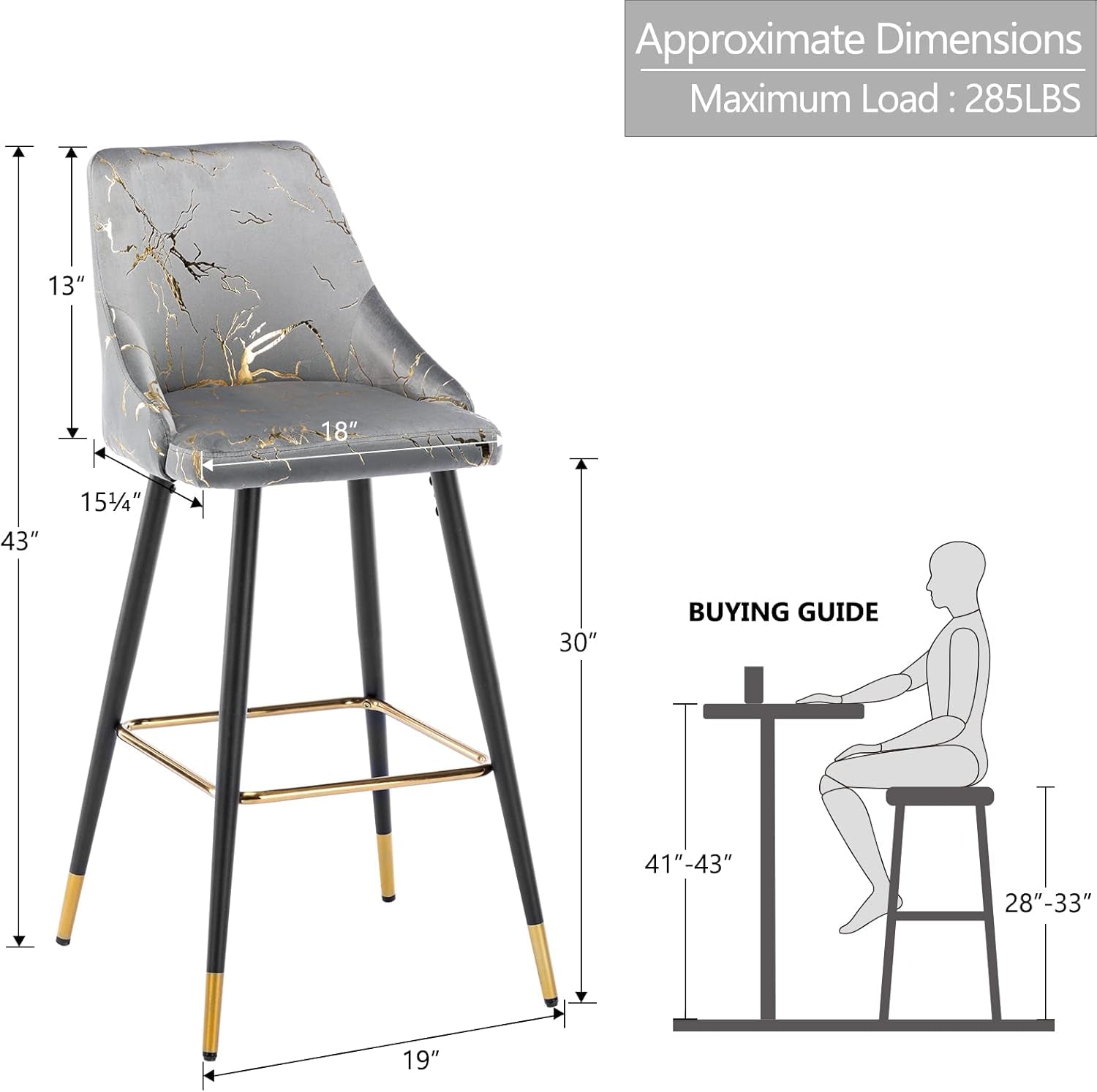 Velvet Hot Stamping Bar Stools Set of 2, 30” Upholstered Barstool with Golden Footrest, Counter Height Bar Chairs for Kitchen Dining Room, Grey and Gold