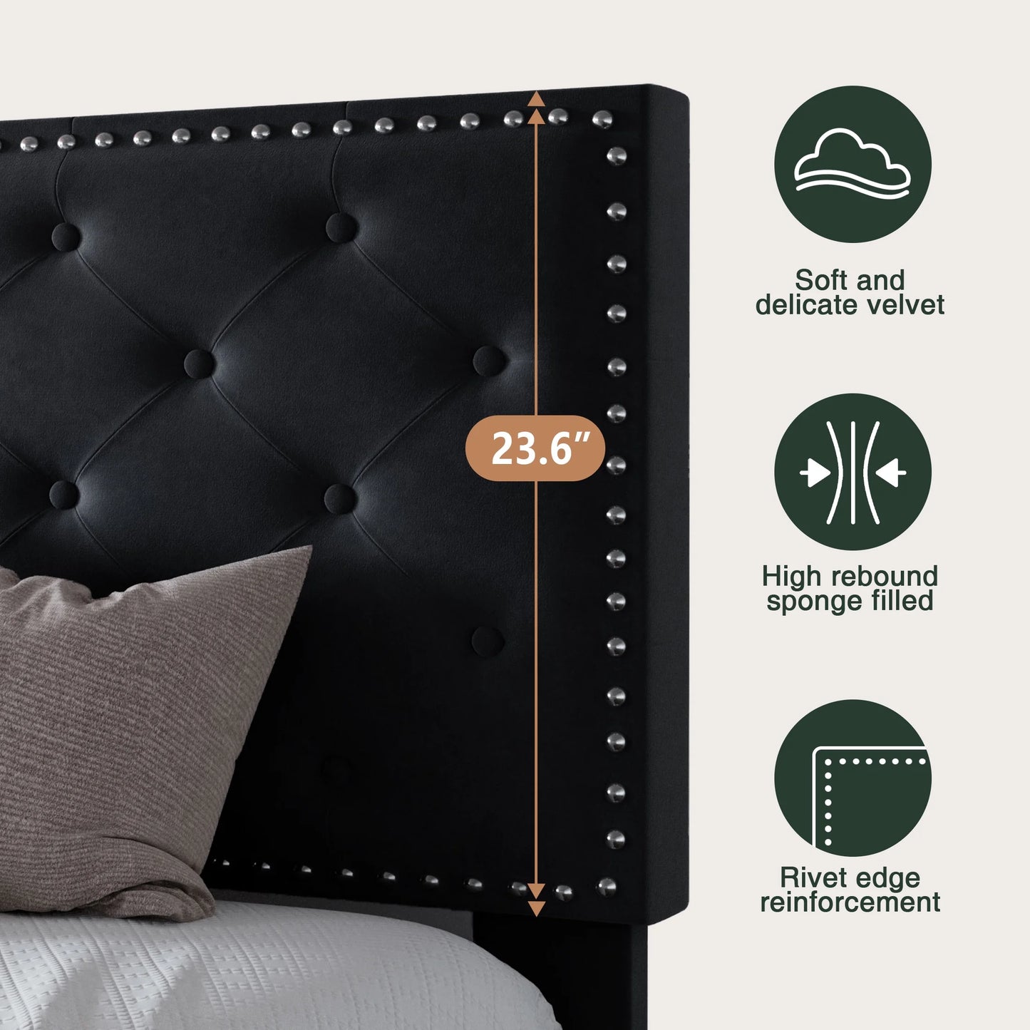 Queen Bed Frame with Adjustable Velvet-Studded Headboard, Black