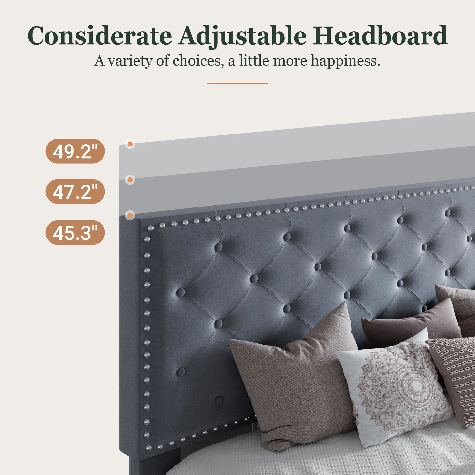 Full Bed Frame with Adjustable Velvet-Studded Headboard, Grey