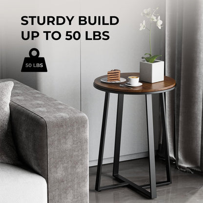 Round End Tables, Small Side Table Walnut Color MDF Top, Metal Frame Black, Tall End Table for Bed Room, Coffee Tea End Table for Living Room(Walnut+Black)