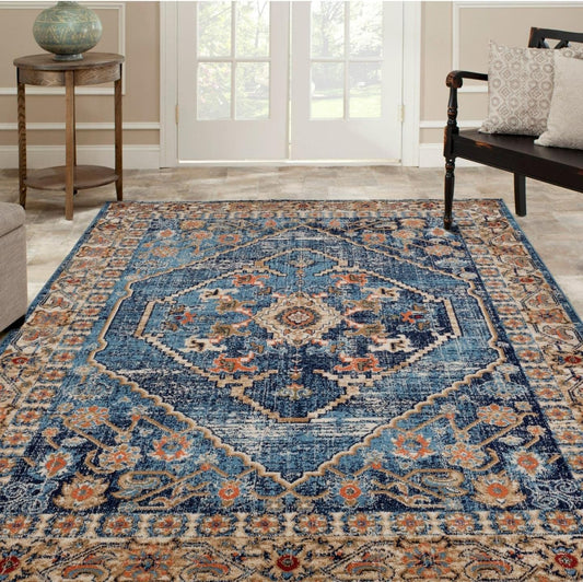 Howell Collection 2655 Blue Oriental 5X7 Area Rug, Non-Shedding Rugs