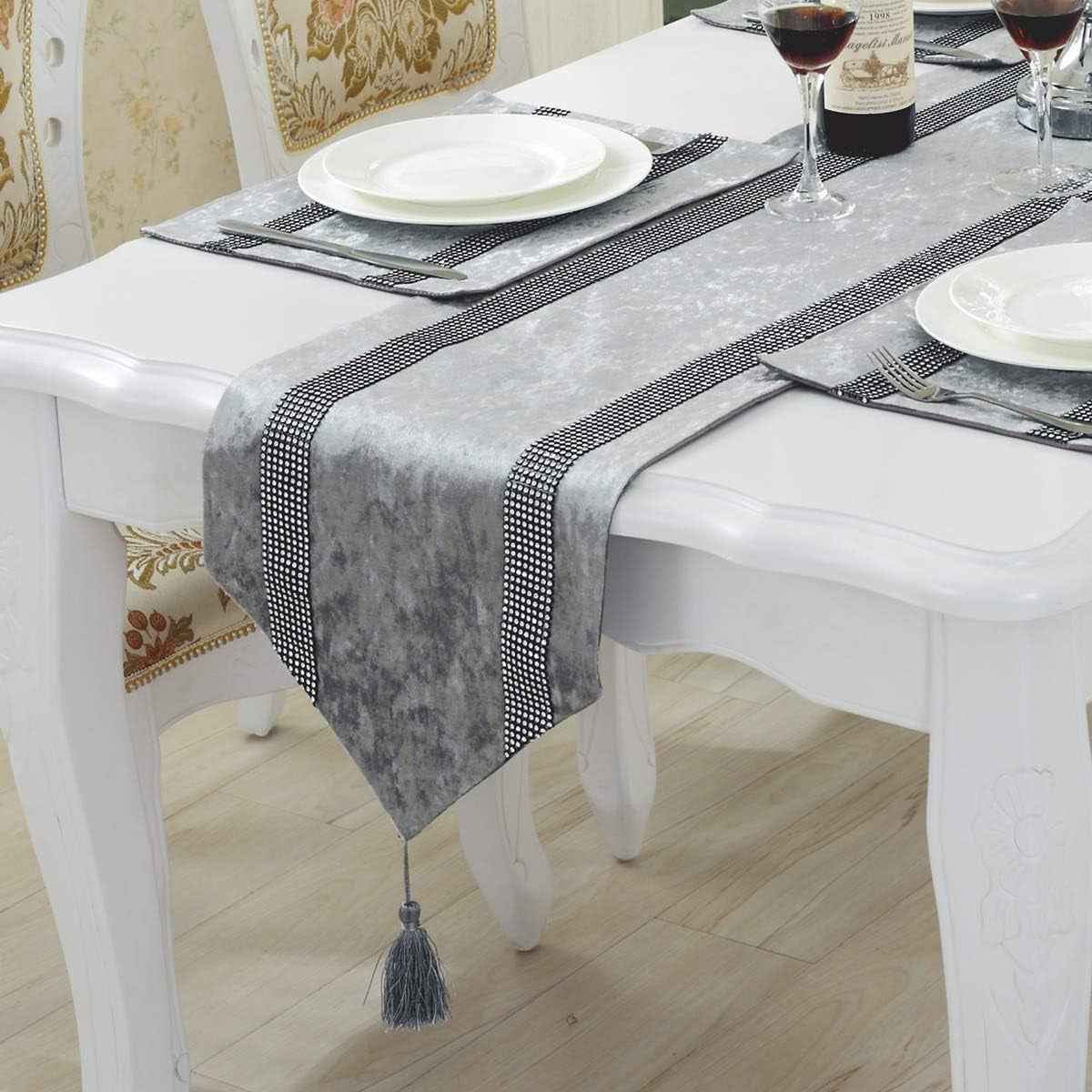 13X72-Inches European Style Rhinestone Table Runner with Tassel Decoration for Party and Wedding, Grey