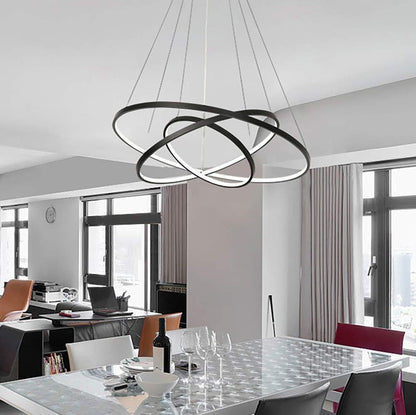 Dimmable Modern LED 3-Ring Chandelier - Sleek Ceiling Light for Dining Room, Living Room, and Bedroom - Contemporary Black & Cool White Design