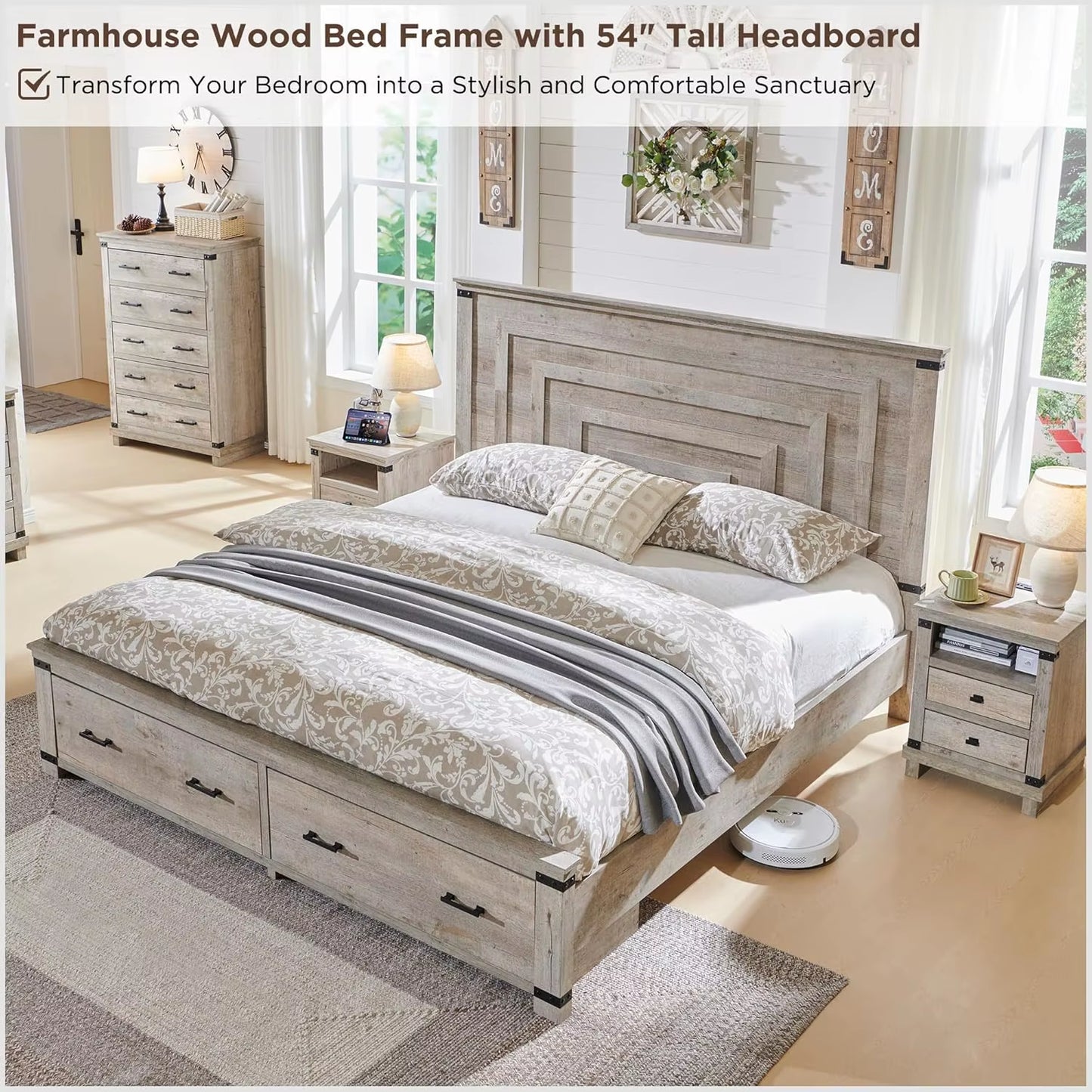 Farmhouse King Size Bed Frame W/ 54" Tall Geometric Headboard, Rustic Wood Platform Bed W/ 2 Large Storage Drawers