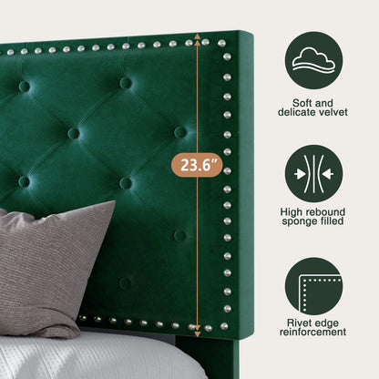 Queen Bed Frame with Adjustable Velvet-Studded Headboard, Green