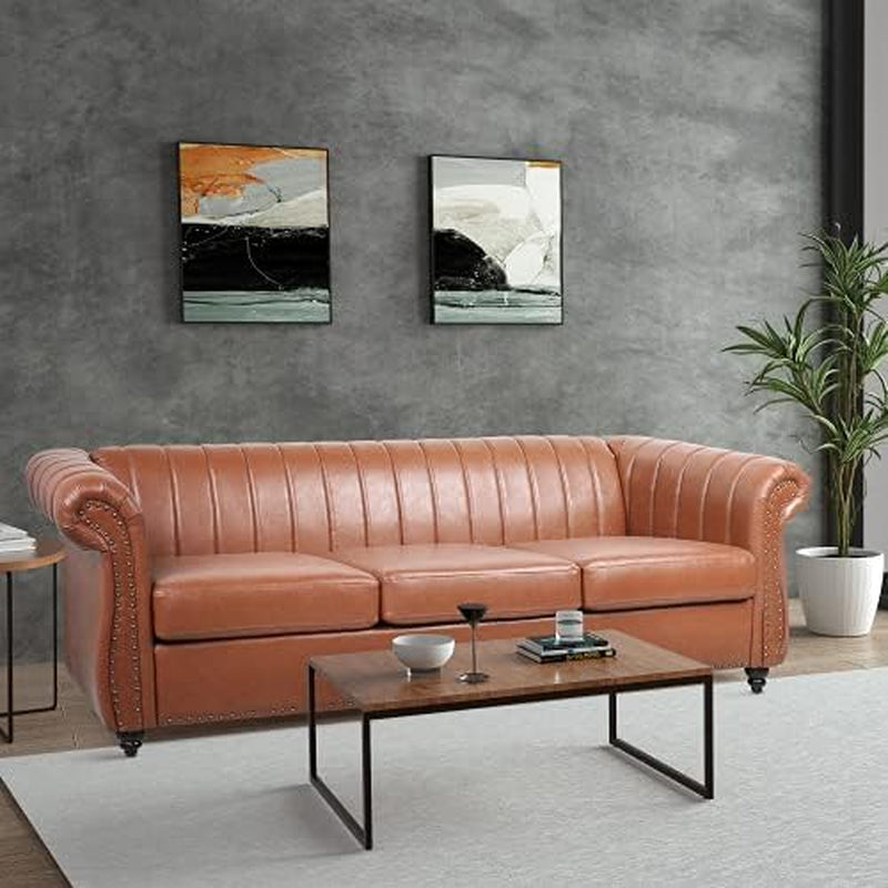 Chesterfield Sofa, 3 Seater Sofa PU Leather with Rolled Arm Studded Decoration Rotating Solid Wood Legs Couches for Living (Bronze)