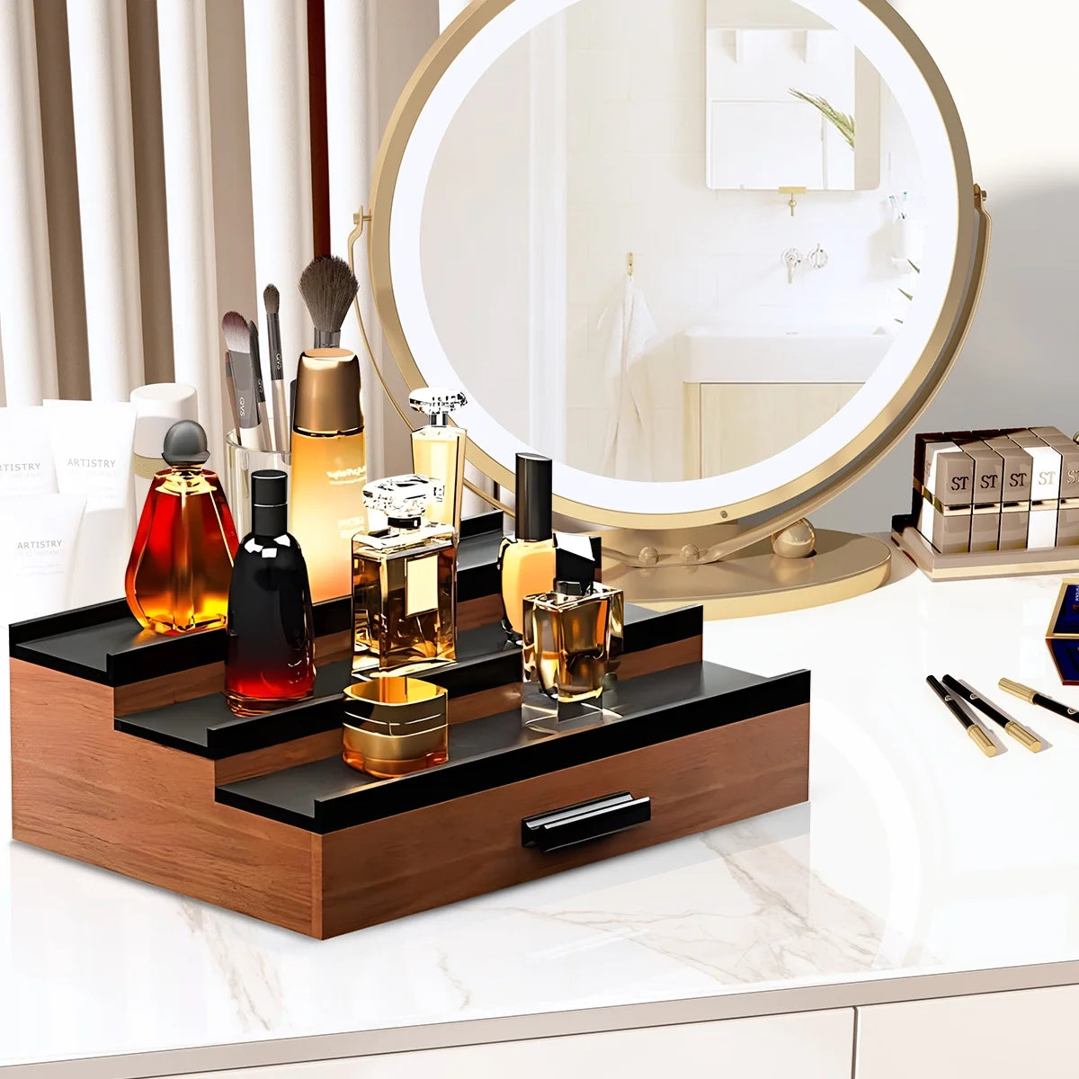 Wooden Cologne Organizer for Men 3 Tier Perfume Organizer Shelf with Drawer Cologne Display and Storage Risers Great Gift for Man Walnut Black