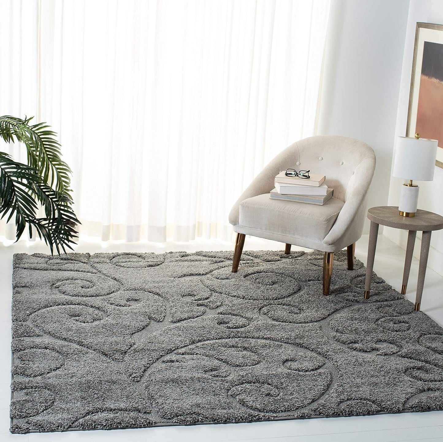 Florida Shag Collection Area Rug - 6'7" Square, Grey, Scroll Design, Non-Shedding & Easy Care, 1.2-Inch Thick Ideal for High Traffic Areas in Living Room, Bedroom (SG455-8013)